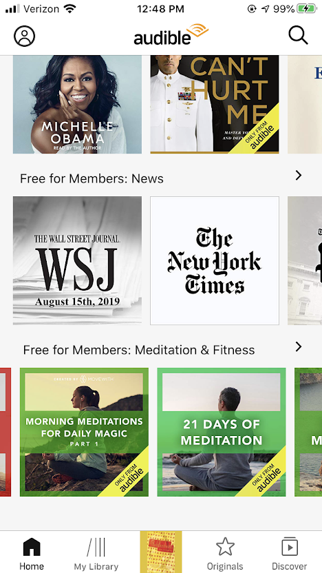 A screenshot of the Audible app showing free sections in news and meditation and fitness